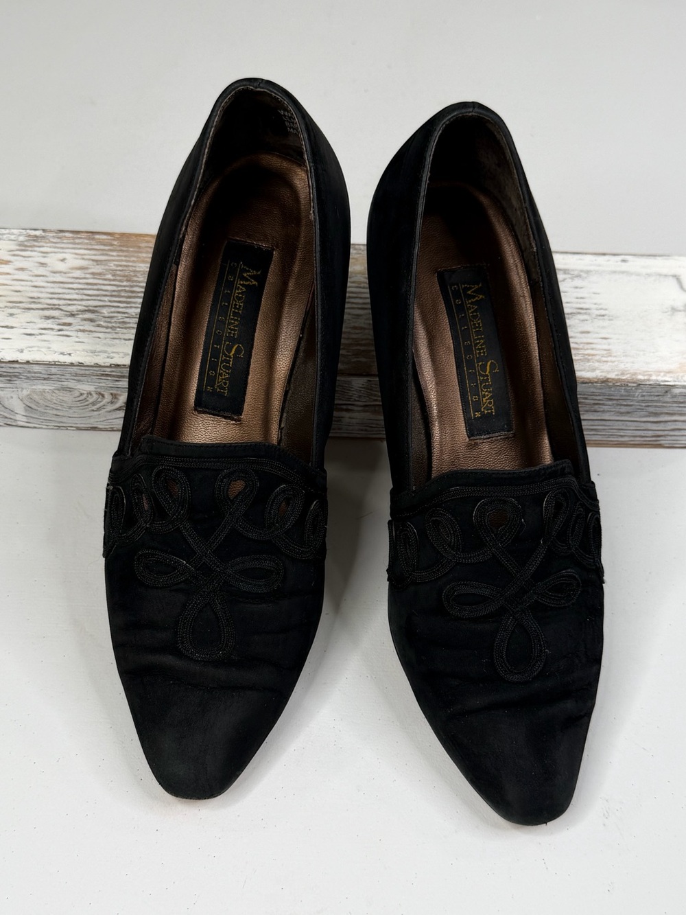 MADELINE STUART Vintage 90's "Waltz" Black Suede Pumps with Scrollwork Design-8